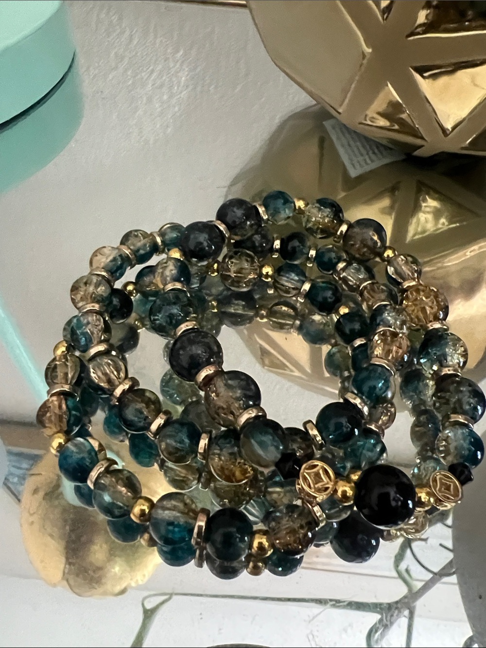 Gold-Accent Teal & Black Glass Beaded Stretch Bracelet Set